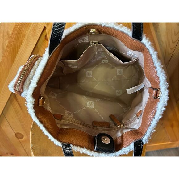 ANNE Klein Women Camel color Faux leather Faux Shearing Small Totes Bag handbag - Picture 11 of 13